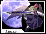  black_wings blonde_hair character_name ex-rumia hair_ribbon kom_(1323736) necktie red_eyes ribbon rumia short_hair solo source_request sword touhou weapon wings 