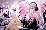  1girl bare_shoulders black_sweater blush chair cherry_blossoms closed_mouth colored_inner_hair commentary computer_mouse day desk drawing_tablet english_commentary eyelashes feet_out_of_frame flask from_side gaming_chair grey_hair headphones highres holding holding_stylus light_rays long_hair monitor multicolored_hair nail_polish off-shoulder_sweater off_shoulder original petals pink_eyes pink_hair purple_nails round-bottom_flask sa-ya2 sitting solo stylus sunlight sweater swivel_chair tree two-tone_hair vase window xp-pen 
