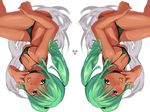  :d bikini black_bikini blush breasts brown_eyes cleavage collarbone dark_skin green_hair looking_at_viewer medium_breasts multiple_views open_mouth original rotated sanae_(satansanae) sitting smile swimsuit symmetry tan 