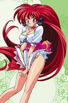  akira_(viper) big_hair breasts choker kimura_takahiro large_breasts long_hair panties pantyshot ponytail red_eyes red_hair ribbon solo underwear very_long_hair viper viper_v16 waitress wind wind_lift 