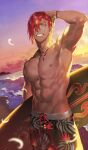  1boy ;d abs adjusting_hair arm_at_side arm_up armpits ashwatthama_(fate) beach black_male_swimwear bracelet cloud commentary_request cowboy_shot dark-skinned_male dark_skin drawstring dutch_angle fate/grand_order fate_(series) feathers grin hair_over_one_eye hand_on_own_head holding holding_surfboard horizon jewelry kazuki_yone looking_at_viewer male_focus male_swimwear medium_hair navel nipples ocean official_alternate_costume official_art one_eye_closed outdoors pectorals pendant red_hair sand smile solo standing sunlight sunset surfboard swim_trunks teeth third-party_source toned toned_male water wet yellow_eyes 