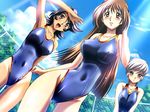  ano_machi_no_koi_no_uta armpits bare_shoulders black_hair blue_eyes blush breasts brown_hair chain-link_fence competition_swimsuit covered_navel covered_nipples fence fisheye highleg highleg_swimsuit irina_enomoto kamishima_tomoko kimura_takahiro large_breasts light_rays long_hair multiple_girls navel one-piece_swimsuit one-piece_tan open_mouth orange_eyes red_eyes shiho_katahira short_hair silver_hair skin_tight sunbeam sunlight swimsuit tan tanline 