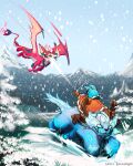 &gt;_&lt; 3_fingers 3_toes 4_fingers ambiguous_gender anthro belly black_claws black_nose blep blue_body blue_clothing blue_ears blue_eyes blue_fur blue_hat blue_headwear blue_markings blue_tail brown_clothing brown_gloves brown_handwear cannnnyart claws clothing dipstick_tail dragon european_mythology evergreen_tree eyes_closed feet feral fingers fire flaming_tail flying fur gloves handwear hat headgear headwear hi_res human league_of_legends mammal markings motion_lines mountain mountain_background mountain_range mythological_creature mythological_scalie mythology nunu_(lol) open_mouth pine_tree plant pupils purple_tongue red_body red_ears red_scales red_tail red_wings riot_games scales scalie smolder_(lol) snow snowball snowing tail tail_markings teal_body teal_inner_ear teal_markings teal_scales teal_tail_tip tencent throwing_snowball toes tongue tongue_out tree watermark western_dragon white_belly white_inner_ear white_pupils wings yeti