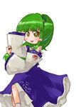  arms_up chibi detached_sleeves frog_hair_ornament green_hair hair_ornament kochiya_sanae long_hair no_nose simple_background smile solo star star-shaped_pupils symbol-shaped_pupils tao_(kadoya) touhou white_background 