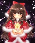  belcana_raizanarza brown_eyes brown_hair christmas hair_ribbon kawaku long_hair ribbon santa_costume shin_sword_word_rpg_replay_next smile snow snowing solo star sword_world 