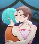  3girls absurdres araragi_tsukihi blue_hair blue_nails brown_hair camisole closed_eyes commentary commission english_commentary hand_on_another's_back hand_on_another's_neck highres kiss monogatari_(series) multiple_girls nademonogatari ononoki_yotsugi orange_shirt piancaesar pink_camisole pointy_ears sengoku_nadeko shirt short_hair sleeveless sleeveless_shirt sweat upper_body yuri 