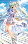  1girl ahoge bare_shoulders blue_eyes blue_flower blue_sky blush bouquet bow braid cloud commentary_request day dress einhard_stratos elbow_gloves flower fujima_takuya gloves green_hair hair_between_eyes hair_bow head_tilt heterochromia high_heels holding holding_bouquet horizon long_hair looking_at_viewer lyrical_nanoha mahou_shoujo_lyrical_nanoha ocean official_art outdoors parted_lips petals purple_eyes shoes skirt_hold sky sleeveless sleeveless_dress solo twintails twitter_username very_long_hair water white_bow white_dress white_flower white_gloves white_shoes 