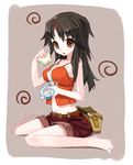  barefoot belt black_hair bottle brown_eyes food hair_ornament hairclip long_hair midriff original sandwich shorts sitting solo tank_top wariza water_bottle youta 