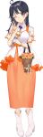  1girl ahoge alternate_costume animal black_hair boots brown_eyes bucket drew_(drew213g) elbow_carry flower full_body holding kantai_collection long_hair neck_flower official_art one_eye_closed open_mouth orange_flower orange_rose orange_skirt pansy pet pigeon-toed purple_flower purple_pansy rose short_sleeves skirt smile solo tachi-e transparent_background ushio_(12th_anniversary)_(kancolle) ushio_(kancolle) v white_boots white_flower wristband 