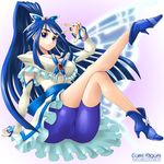  blue_eyes blue_hair blue_shorts boots butterfly_hair_ornament cameltoe character_name copyright_name crossed_legs cure_aqua elbow_gloves gloves hair_ornament long_hair magical_girl minazuki_karen precure shorts shorts_under_skirt sitting solo wide_ponytail yaso_shigeru yes!_precure_5 