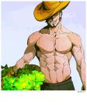  1boy abs artist_name beard_stubble black_hair commentary dracule_mihawk english_commentary facial_hair hat highres holding looking_to_the_side male_focus one_piece pubic_hair red_eyes shorts solo stubble topless_male wesaier 