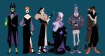  101_dalmatians 2boys 4girls breasts cleavage colored_skin company_connection cruella_de_vil disney earrings hercules_(1997_film) jewelry juanmao lion_boy long_hair maleficent multiple_boys multiple_girls purple_skin queen_grimhilde scar_(the_lion_king) short_hair sleeping_beauty smile snow_white_and_the_seven_dwarfs solo tentacles the_lion_king the_little_mermaid_(disney) ursula_(disney) white_hair 
