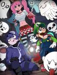  absurdres among_us awaria blinky_(pac-man) bongfill boo_(mario) carrie_krueger crossover crown ghast ghost gothic_lolita green_hat hat highres holding holding_lighter huggy_wuggy isaac_(the_binding_of_isaac) lighter lolita_fashion luigi mario_(series) minecraft napstablook navel one_piece pac-man_(game) perona pink_hair pointing ponytail poppy_playtime scared spooky&#039;s_house_of_jump_scares spooky_(shojs) striped_clothes tears the_amazing_world_of_gumball the_binding_of_isaac tongue tongue_out ula_usterka undertale 