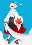  cloud geta grey_eyes hat inubashiri_momiji itsukage long_skirt shield short_hair silver_hair skirt solo sword tengu-geta tokin_hat touhou weapon 