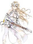  1girl armor armored_dress bare_shoulders blonde_hair blue_eyes cable chain dress electric_guitar fate/grand_order fate_(series) gauntlets greaves guitar guitar_strap headpiece highres holding holding_guitar holding_instrument instrument jeanne_d'arc_(fate) jeanne_d'arc_(ruler)_(fate) jeanne_d'arc_(third_ascension)_(fate) long_hair pantyhose plectrum smirk to_kyo white_pantyhose 