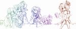  alice_margatroid all_fours apron bare_shoulders dress flandre_scarlet hat hat_ribbon izayoi_sakuya kirisame_marisa long_hair maid maid_headdress mob_cap multiple_girls off_shoulder remilia_scarlet ribbon sakusakumonoka siblings simple_background sisters sketch touhou very_long_hair white_background witch_hat 