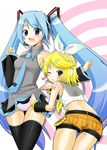  blue_eyes blue_hair detached_sleeves hatsune_miku headphones kagamine_rin long_hair multiple_girls necktie one_eye_closed panties pochi_(pochi-goya) skirt skirt_lift striped striped_panties thighhighs twintails underwear very_long_hair vocaloid 