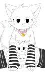 :3 anthro arm_warmers armwear bell bell_collar black_eyes blush blush_lines boy_kisser_(meme) chano cheek_tuft clothing collar domestic_cat english_text facial_tuft felid feline felis fishnet_clothing fluffy fluffy_tail fur hi_res legwear line_art looking_at_viewer male mammal meme meme_clothing meme_shirt owo pattern_clothing pattern_legwear pink_collar print_clothing print_shirt print_t-shirt print_topwear shirt silly_cat_(mauzymice) simple_background solo splitting spot_color striped_clothing striped_legwear stripes t-shirt tail text text_on_clothing text_on_shirt text_on_topwear thigh_highs topwear tuft white_background white_clothing white_shirt white_topwear