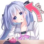  1girl 9-nine- arrow_(symbol) black_bow blue_eyes blue_hair blunt_bangs blush bow bowtie buttons commentary computer_mouse double-breasted dress eyes_visible_through_hair hair_bow hair_intakes head_tilt highres holding_computer_mouse kousaka_haruka long_hair looking_at_viewer open_mouth pink_bow pink_bowtie polka_dot polka_dot_bow ririi_(ai-my_talikng) school_uniform sidelocks simple_background solo sound_effects straight-on straight_hair truth two_side_up upper_body white_background white_dress 