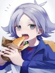  1boy absurdres antenna_hair blue_eyes blue_jacket cie_x6 eating food fubuki_shirou highres holding holding_food inazuma_eleven_(series) jacket male_focus open_mouth sandwich simple_background solo upper_body white_background white_hair 