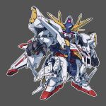  chibi english_commentary full_body fusion grey_background gundam gundam_hathaway&#039;s_flash highres looking_at_viewer mecha mobile_suit no_humans penelope_(hathaway&#039;s_flash) pink_eyes robot science_fiction signature solo toilobo v-fin xi_gundam 