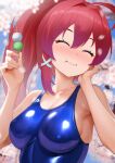  1girl ahoge artist_name bare_arms bare_shoulders blue_one-piece_swimsuit blush breasts cleavage closed_eyes closed_mouth collarbone competition_swimsuit day dorachan_r eating facing_viewer hair_intakes hand_on_own_cheek hand_on_own_face highres i-168_(kancolle) impossible_clothes impossible_swimsuit kantai_collection large_breasts long_hair mouth_hold one-piece_swimsuit outdoors ponytail red_hair shiny_clothes solo swimsuit twitter_username upper_body 
