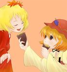  aki_minoriko aki_shizuha feeding food fruit grapes hair_ornament hat holding itsukage leaf leaf_hair_ornament leaf_on_head multiple_girls siblings sisters sweet_potato touhou 