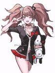  1girl ;d bear_hair_ornament black_shirt blonde_hair blue_eyes bow breasts choker cleavage collarbone commentary cowboy_shot danganronpa:_trigger_happy_havoc danganronpa_(series) enoshima_junko fuku_sa hair_ornament highres large_breasts long_hair looking_at_viewer monokuma nail_polish necktie one_eye_closed red_bow red_nails shirt simple_background skirt smile solo symbol-only_commentary teeth twintails v 