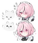  1girl angry animal blush closed_mouth dog eyelashes eyes_visible_through_hair flower headdress heart heart-shaped_pupils highres maid maid_headdress mole mole_under_eye multicolored_hair multiple_views original pink_eyes pink_hair portrait short_hair square streaked_hair symbol-shaped_pupils waka_(wk4444) white_background white_headdress 