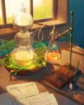  absurdres alchemy calligraphy_brush chemistry cork erlenmeyer_flask flask glowing highres indoors magic magic_circle no_humans notes original paintbrush paper refraction scenery science shannon_xie sunlight table window 