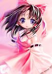  bow brown_hair collar detached_sleeves dress frilled hair_bow hair_tubes hakurei_reimu long_sleeves looking_at_viewer pink_background purple_eyes red_dress ribbon-trimmed_sleeves ribbon_trim short_hair simple_background solo touhou 