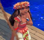  1girl brown_eyes brown_hair dark-skinned_female dark_skin day flower_wreath grass_skirt head_wreath jewelry long_hair looking_at_viewer moana_(movie) moana_waialiki necklace open_mouth outdoors pano_(mohayayamai) solo teeth upper_teeth_only water wooden_floor 