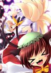  &gt;_&lt; :3 \o/ animal_ears arms_up blonde_hair blush_stickers cat_ears chen closed_eyes fang fox_tail hat long_sleeves multiple_girls multiple_tails outstretched_arms pillow_hat shoes short_hair tail touhou x3 yakumo_ran yukizuki_chikuba 