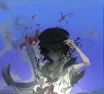  1girl anchor anchor_hat_ornament black_hair blood blood_in_water blue_background blue_eyes closed_mouth expressionless hat hat_ornament looking_at_viewer medium_hair murasa_minamitsu pale_skin sesmkun shirt short_sleeves solo touhou underwater upper_body white_shirt 