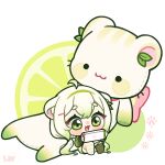  1girl ahoge animal_ears artist_name asymmetrical_legwear blush chibi ferret ferret_ears ferret_girl food fruit gradient_hair green_eyes green_hair green_sweater hairband indie_virtual_youtuber laimu_(vtuber) laimu_(vtuber)_(cozy) leaf lime_(fruit) lime_slice littlewolf mismatched_legwear multicolored_hair nintendo_switch no_pants open_mouth paw_print playing_games ribbon signature single_thighhigh sitting smile socks stuffed_animal stuffed_toy sweater thighhighs twintails two-tone_hair uwu vinesauce virtual_youtuber white_hair white_sweater 