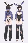  1girl ahoge animal_ears ass ass_visible_through_thighs black_choker black_eyes black_hair black_leotard black_shoes black_thighhighs blando breasts butt_crack choker colored_tips covered_navel cropped_hoodie english_text eyebrows_hidden_by_hair fake_animal_ears fake_tail from_behind full_body grey_background hand_on_own_hip high_heels highres hood hoodie large_breasts leotard looking_to_the_side mole mole_on_ass mole_on_groin multicolored_hair multiple_views original purple_hoodie rabbit_ears rabbit_tail shoes simple_background smoking stiletto_heels tail thighhighs torn_clothes torn_thighhighs 