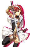  armor cecily_cambell fantasy gloves leotard luna_(reclaimed_land) red_eyes red_hair seiken_no_blacksmith solo sword thighhighs weapon 