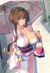  1girl alternate_costume alternate_hairstyle breasts brown_hair building cherry_blossoms commentary_request dated day flower hair_bun hair_flower hair_intakes hair_ornament highres himeyamato holding holding_umbrella iowa_(kancolle) japanese_clothes kantai_collection kimono large_breasts multicolored_kimono obi outdoors pink_kimono red_eyes revision road sash sidelocks signature solo standing street two-tone_kimono umbrella white_kimono yamato_(kancolle) 