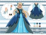  1girl blonde_hair brown_eyes charizard choker cosplay dress earrings glass_slipper highres jewelry mega_charizard_x mega_charizard_x_(cosplay) mega_stone original pokemon princess reference_sheet shoulder_spikes spikes tiara tsaianda 