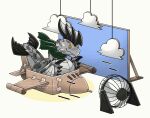 &gt;_&lt; 1_horn aircraft airplane ambiguous_gender animated astalos box camo_body camo_scales canes-cm capcom cardboard cardboard_armor cardboard_box cardboard_weapon container electric_fan eyes_closed f-16 feral flying_wyvern green_scarf grey_body grey_scales happy hi_res horn jet loop monster_hunter orange_eyes scales scarf short_playtime simple_background solo tail tail_ridge vehicle white_background wind wings