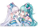 2girls blue_brooch blue_eyes blue_hair blue_hairband blue_hat bow brooch closed_mouth commentary cure_lillian cure_nyammy detached_sleeves dress earrings grabbing_another&#039;s_ear hair_bow hairband hand_on_another&#039;s_ear hand_on_another&#039;s_shoulder hat heart heart_brooch highres holding_own_arm jewelry lipstick lipstick_mark lipstick_mark_on_face lipstick_mark_on_shoulder long_hair magical_girl makeup mini_hat multiple_girls nekoyashiki_mayu nekoyashiki_yuki pink_bow pink_eyes precure simple_background smeared_lipstick symbol-only_commentary upper_body white_background white_dress white_hair white_sleeves wonderful_precure! xiongbingbisata yuri 
