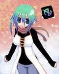  :o @_@ aqua_hair black_sweater blue_hair blurry blurry_background blush breasts brown_scarf cowboy_shot denim dress elbow_gloves ginkgo_leaf gloves gradient_hair green_hair hair_between_eyes jeans kurakumo_nue long_sleeves looking_at_viewer medium_breasts multicolored_hair open_mouth original pants salami scarf shoes solo speech_bubble standing sweater white_dress 