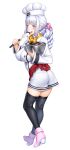  1girl ametani_shiina black_thighhighs breasts chef chef_hat chocolate food food_on_face full_body green_eyes hat highres holding_utensil large_breasts mixing_bowl nobushito official_art scarf second-party_source side_ponytail solo spatula taimanin_(series) taimanin_rpgx thighhighs white_background white_hair yellow_scarf 