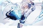  1boy absurdres ball blue_shorts cie_x6 clenched_teeth fubuki_shirou fur_scarf grin highres inazuma_eleven inazuma_eleven_(series) jumping male_focus midriff scarf shirt shorts smile soccer_ball solo teeth thick_eyebrows white_background white_hair white_scarf white_shirt yellow_eyes 