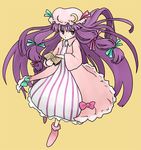  ankle_boots bangs blunt_bangs book boots bow crescent full_body hat holding holding_book itsukage jitome long_hair looking_at_viewer mob_cap open_book patchouli_knowledge pink_bow purple_eyes purple_hair robe simple_background solo touhou very_long_hair yellow_background 