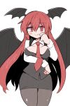  1girl arm_under_breasts bat_wings black_pantyhose black_skirt black_vest black_wings blush_stickers breasts cleavage_cutout clothing_cutout collared_shirt dress_shirt finger_to_cheek hair_between_eyes head_wings highres koakuma kurachi_mizuki long_hair long_sleeves looking_at_viewer medium_breasts necktie no_nose pantyhose red_eyes red_hair red_necktie shirt simple_background skirt skirt_set slit_pupils smile solo split_mouth touhou very_long_hair vest white_background white_shirt wings 