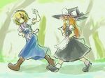  :d alice_margatroid apron blonde_hair boots braid brown_footwear full_body hat kirisame_marisa knee_boots long_hair md5_mismatch multiple_girls neki-t open_mouth outdoors plant puffy_short_sleeves puffy_sleeves short_hair short_sleeves single_braid smile touhou tree waist_apron walking witch_hat 