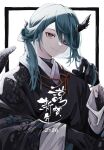  1boy 2024 absurdres alternate_costume black_gloves black_kimono black_scales brown_eyes cie_x6 closed_mouth earrings gloves green_hair happy_new_year highres horns inazuma_eleven_(series) japanese_clothes jewelry kazemaru_ichirouta kimono looking_at_viewer male_focus smile solo upper_body white_background wide_sleeves 