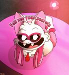 anthro bat bed bedroom_eyes fangs female fur furniture lying mammal mob_entertainment narrowed_eyes on_bed on_front open_mouth open_smile pink_body pink_fur poppy_playtime rabie_baby_(poppy_playtime) seductive smile solo teeth teeth_showing text tinky white_body white_fur wings
