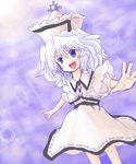 :d artist_request blue_eyes collar dress foreshortening frills hat merlin_prismriver open_mouth outstretched_arms purple_background silver_hair simple_background smile solo standing tate_eboshi touhou wavy_hair white_dress 